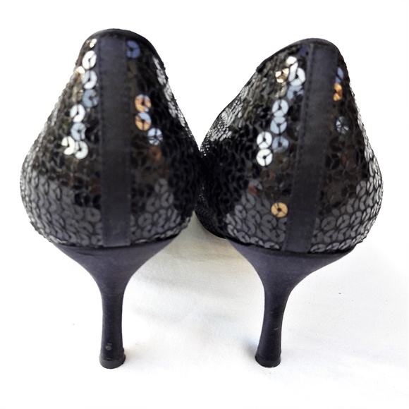 Enzo Angiolini Black Reflective Sequin Peep Toe Heels Leather 9.5 - Picture 3 of 5